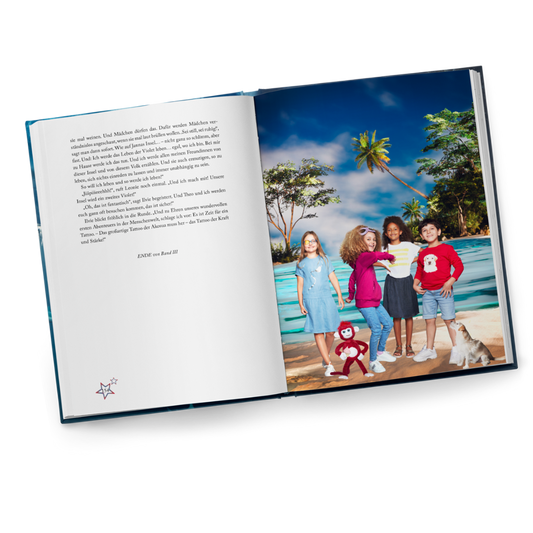 Open Ilvie Little storybook showing Ilvie wearing the blue Captain’s Dress with her friends on a tropical beach.