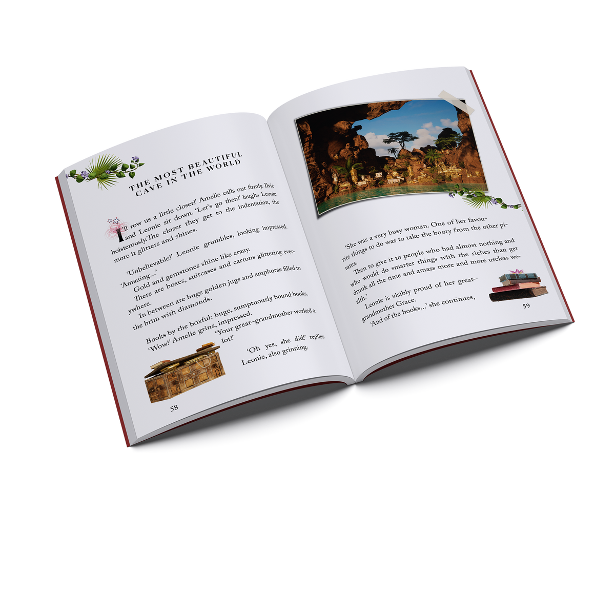 Inside pages of Ilvie Little and the Mysterious Treasure Island showing the crew exploring a treasure cave
