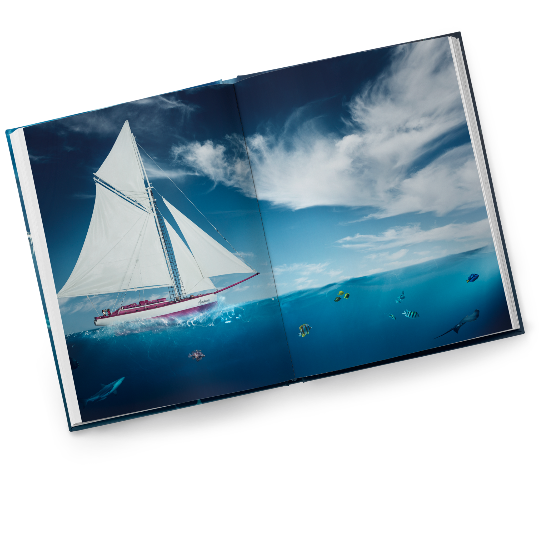 Inside pages of Ilvie Little – Das Abenteuer geht weiter showing the pirate sailing ship Anastasia at sea, with sharks and fish visible beneath the water.