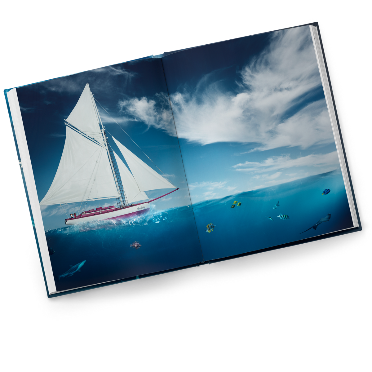 Inside pages of Ilvie Little – Das Abenteuer geht weiter showing the pirate sailing ship Anastasia at sea, with sharks and fish visible beneath the water.