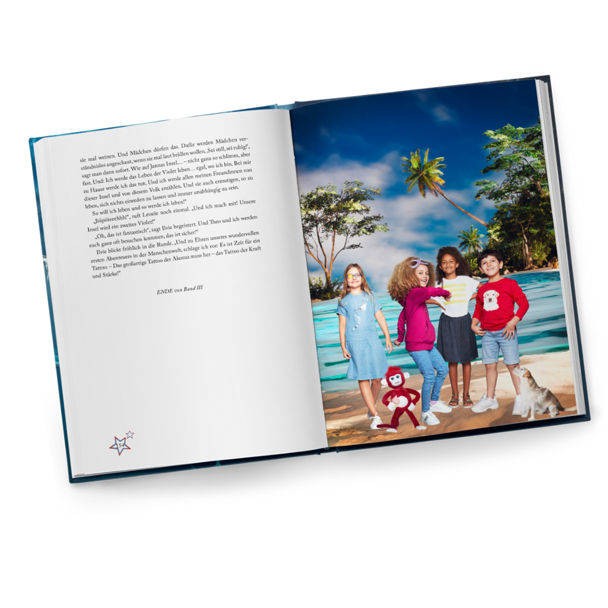 Open Ilvie Little storybook showing Ilvie wearing the blue Captain’s Dress with her friends on a tropical beach.