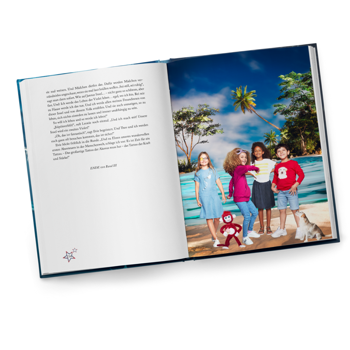 Open Ilvie Little storybook showing Ilvie wearing the blue Captain’s Dress with her friends on a tropical beach.