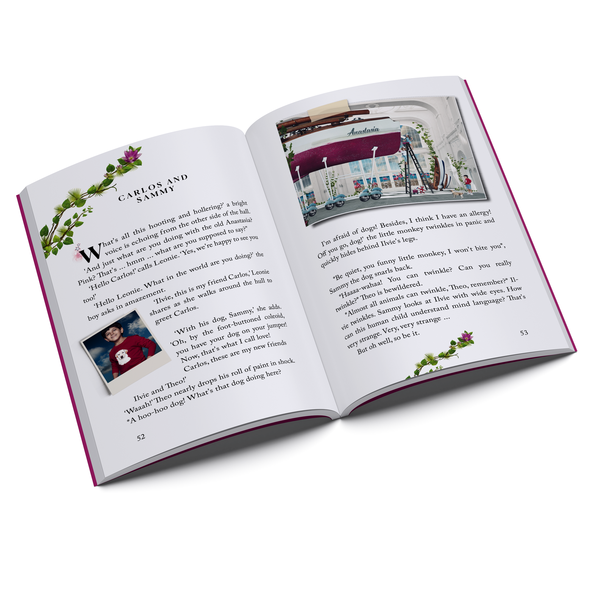Inside spread from Ilvie Little and the Fearless Sailors – Pirate Book 1, featuring Carlos and Sammy and illustrated scenes from Ilvie Little’s adventure.