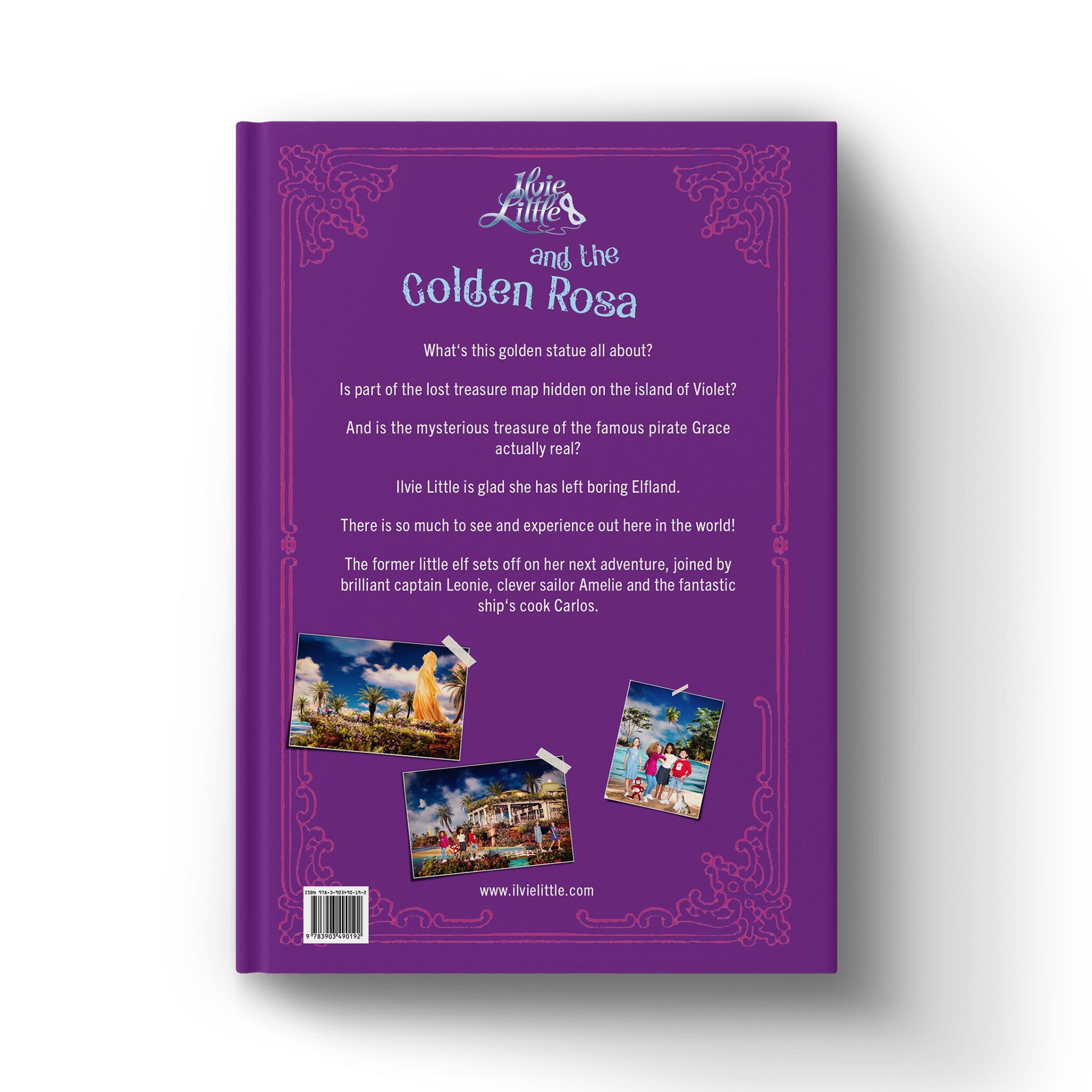 Back cover of Ilvie Little and the Golden Rosa — Pirate Book 4, featuring the story blurb and images from Ilvie Little’s pirate adventure.