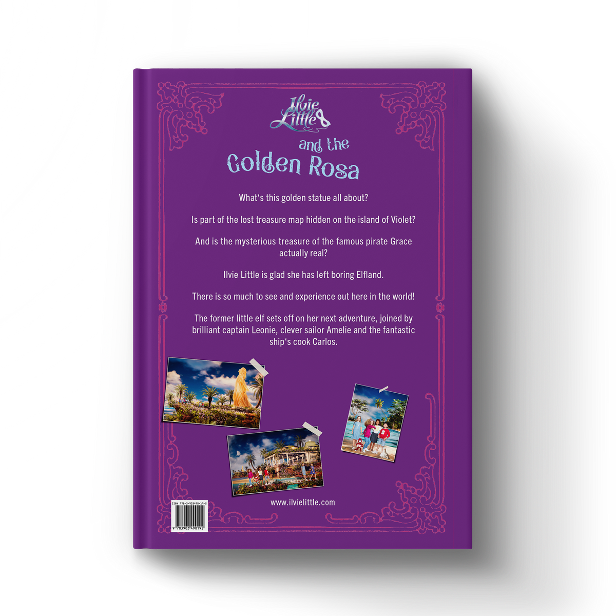 Back cover of Ilvie Little and the Golden Rosa — Pirate Book 4, featuring the story blurb and images from Ilvie Little’s pirate adventure.