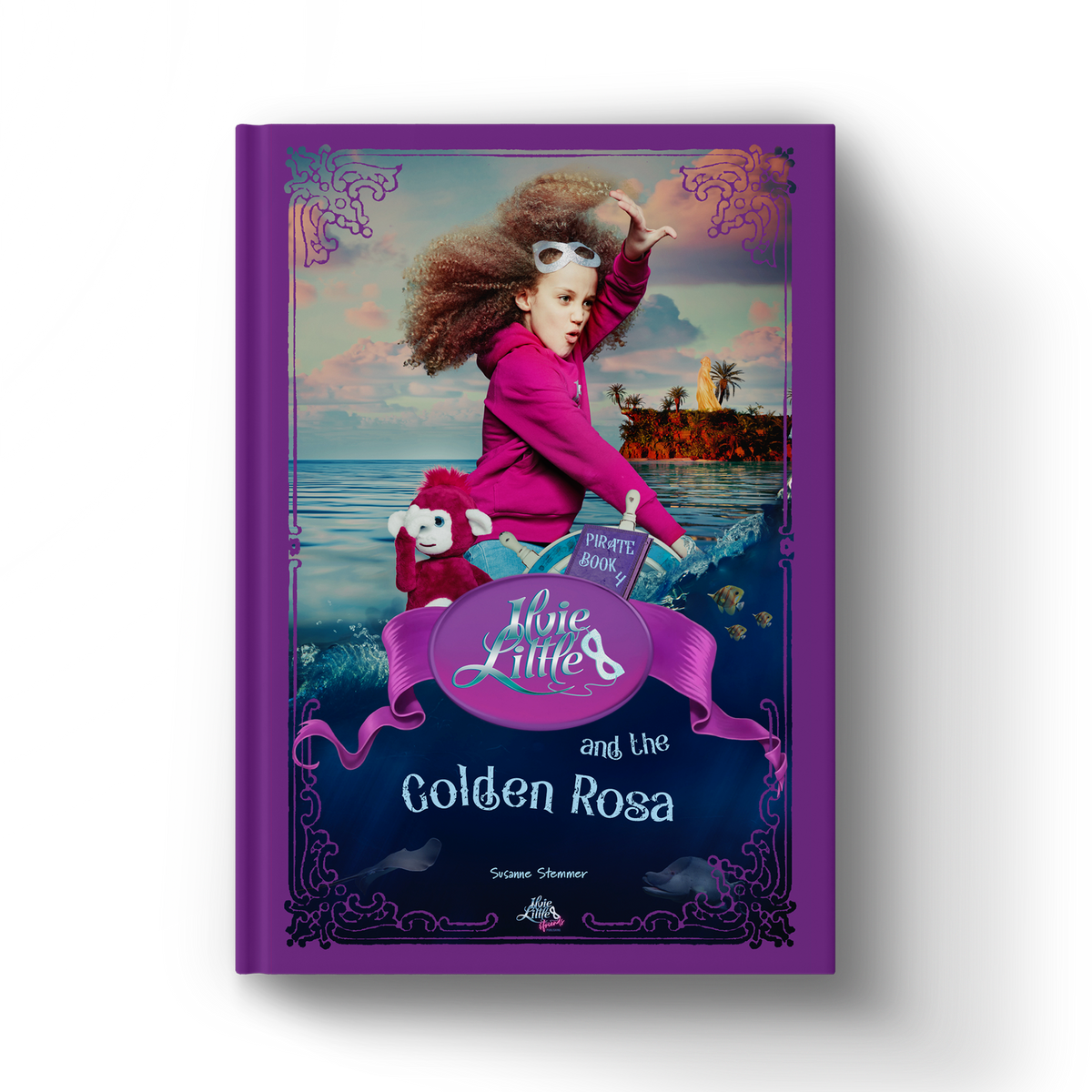 Front cover of Ilvie Little and the Golden Rosa — Pirate Book 4, featuring Ilvie Little and Theo the monkey at sea near a mysterious golden statue.