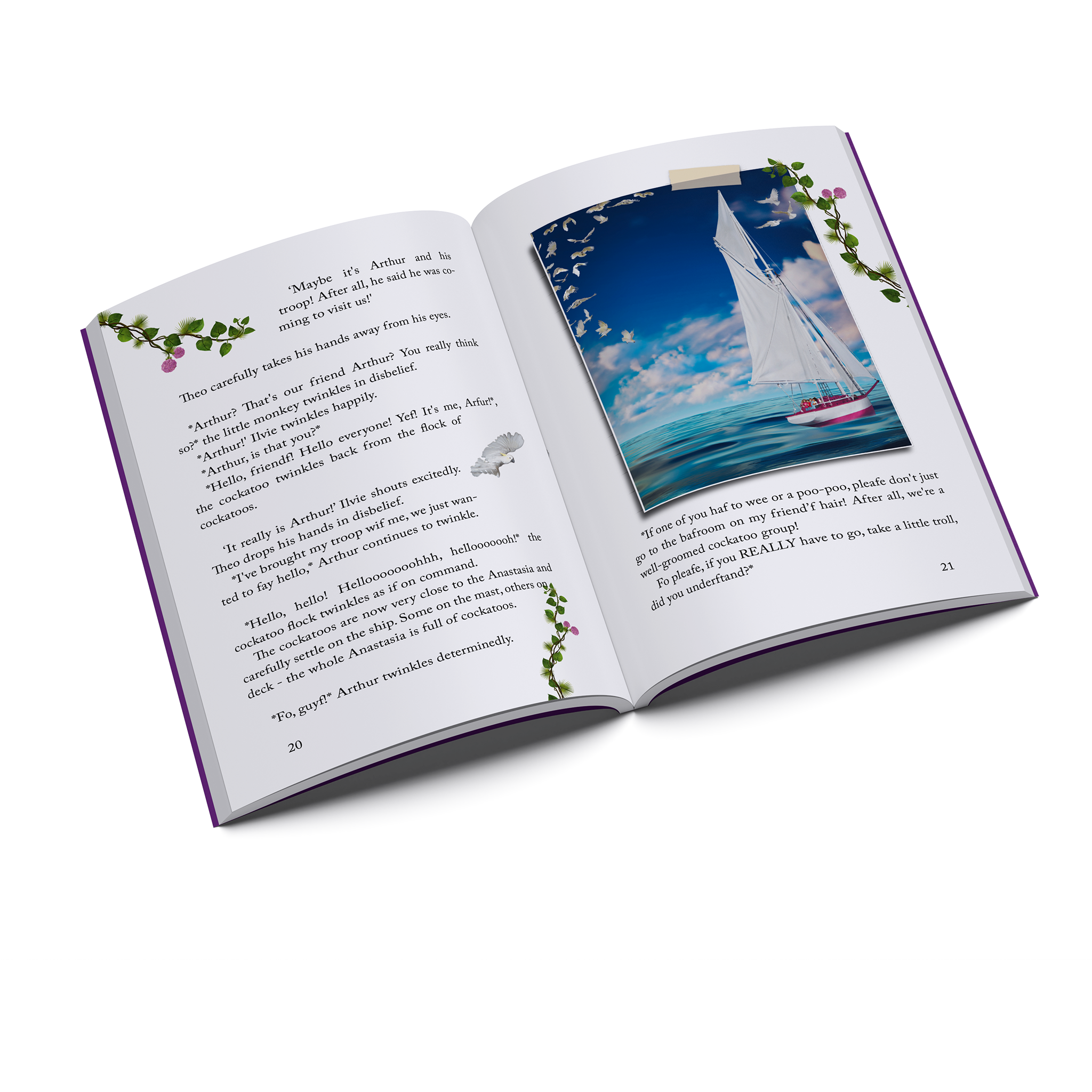 Inside pages of Ilvie Little and the Golden Rosa — Pirate Book 4, featuring an illustrated story scene with the Anastasia sailing at sea.