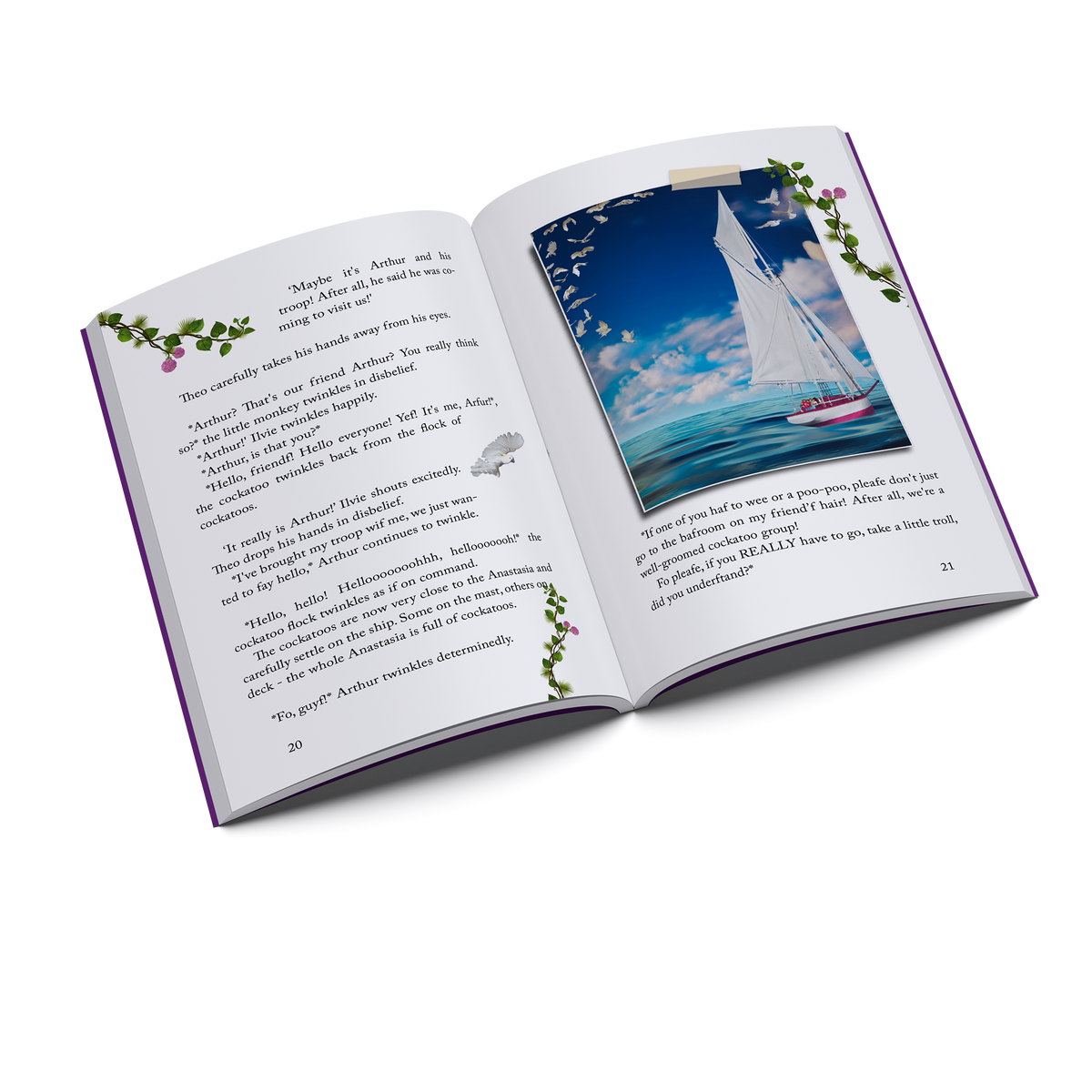 Inside pages of Ilvie Little and the Golden Rosa — Pirate Book 4, featuring an illustrated story scene with the Anastasia sailing at sea.