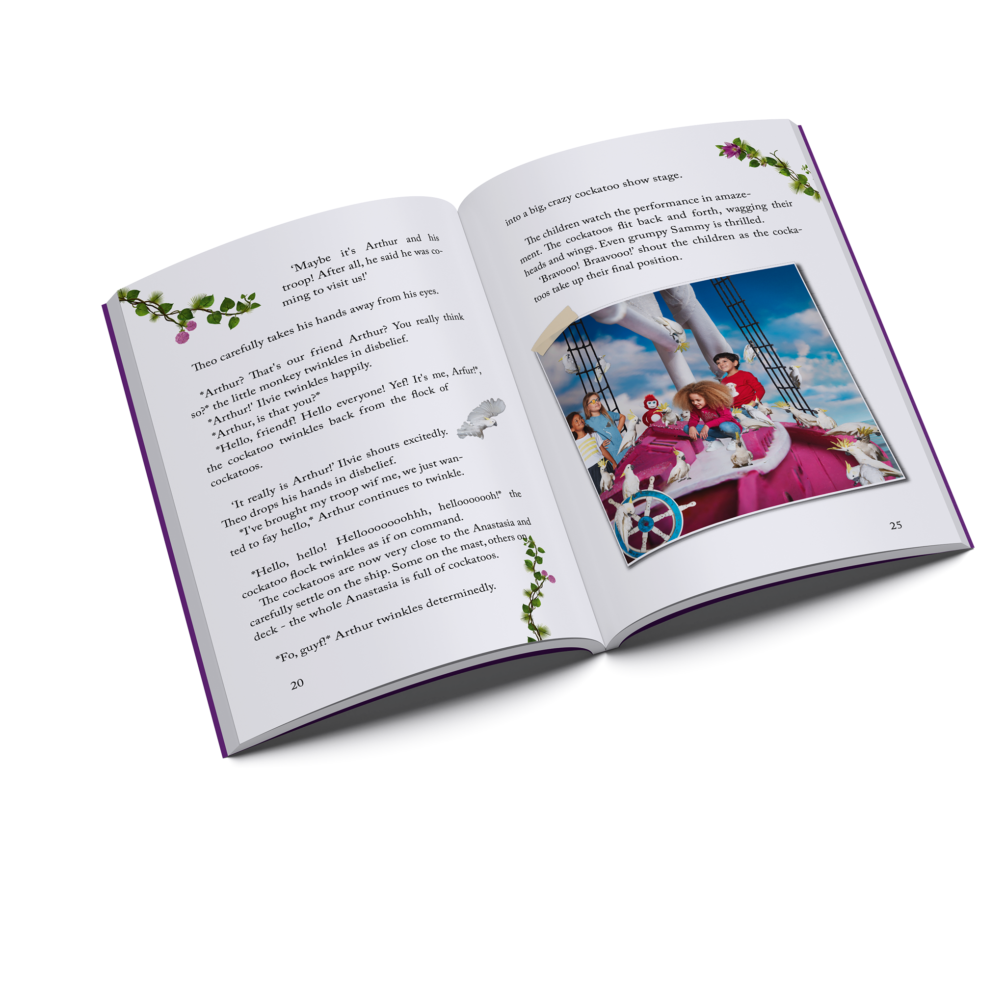 Inside pages of Ilvie Little and the Golden Rosa — Pirate Book 4, featuring Ilvie Little, Theo and their friends aboard the Anastasia with a flock of cockatoos.