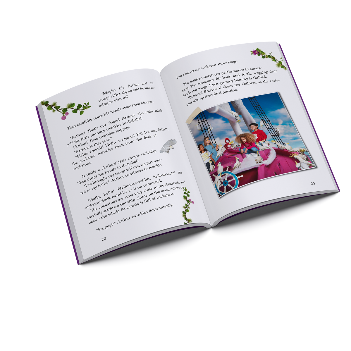 Inside pages of Ilvie Little and the Golden Rosa — Pirate Book 4, featuring Ilvie Little, Theo and their friends aboard the Anastasia with a flock of cockatoos.