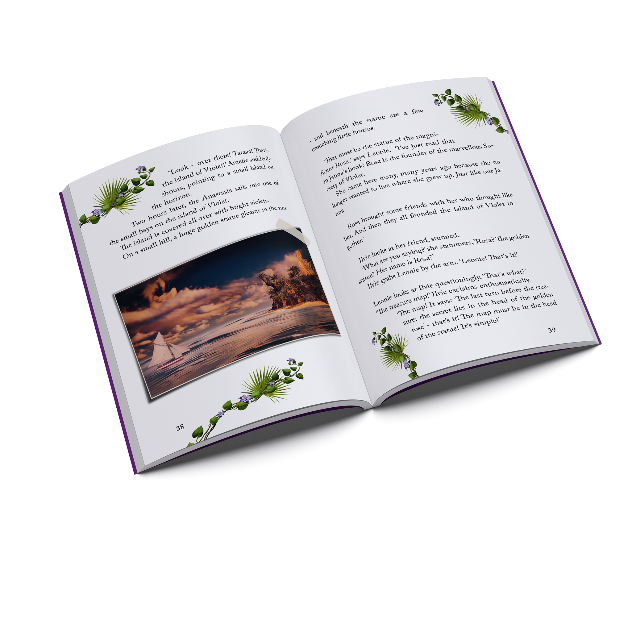 Inside pages of Ilvie Little and the Golden Rosa — Pirate Book 4, featuring the Island of Violet and the mysterious golden statue.