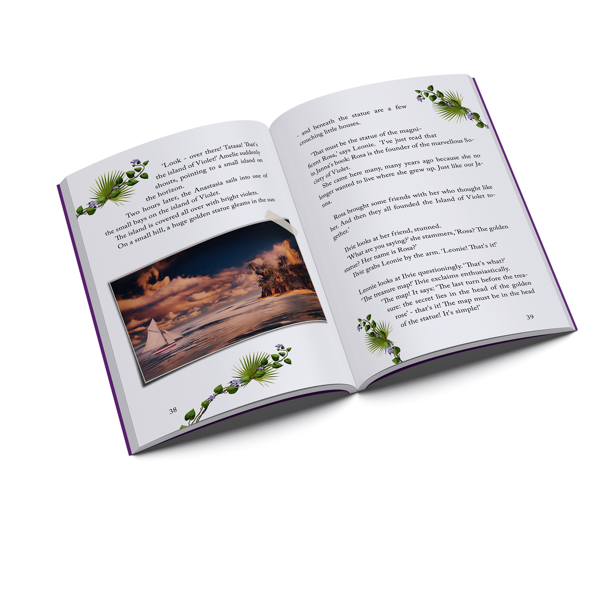 Inside pages of Ilvie Little and the Golden Rosa — Pirate Book 4, featuring the Island of Violet and the mysterious golden statue.