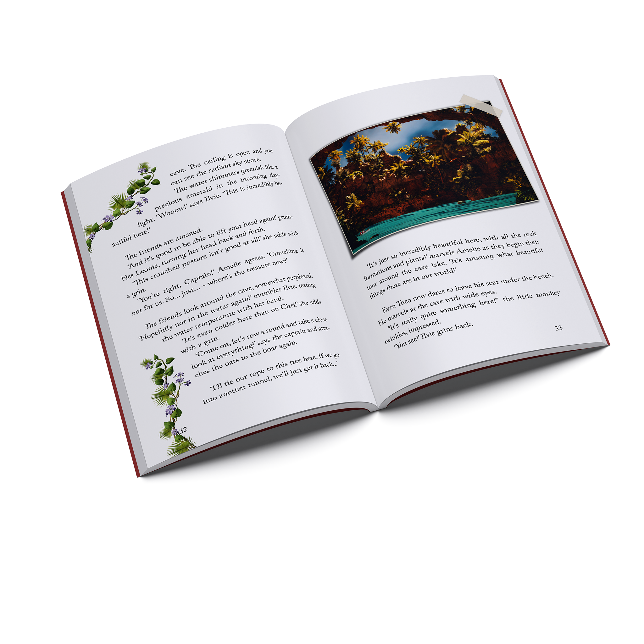 Inside pages of Ilvie Little and the Mysterious Treasure Island showing Ilvie exploring a tropical cave