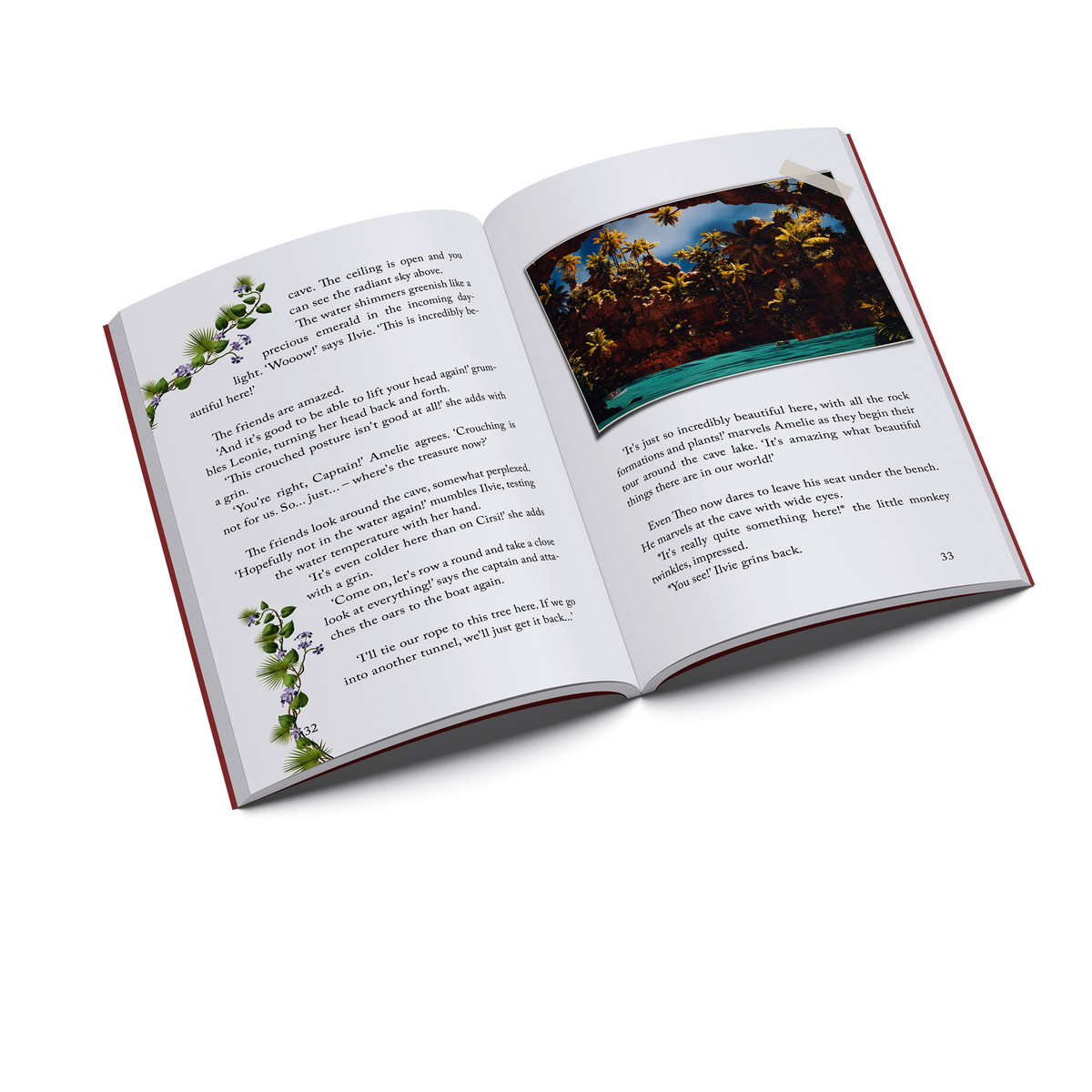 Inside pages of Ilvie Little and the Mysterious Treasure Island showing Ilvie exploring a tropical cave