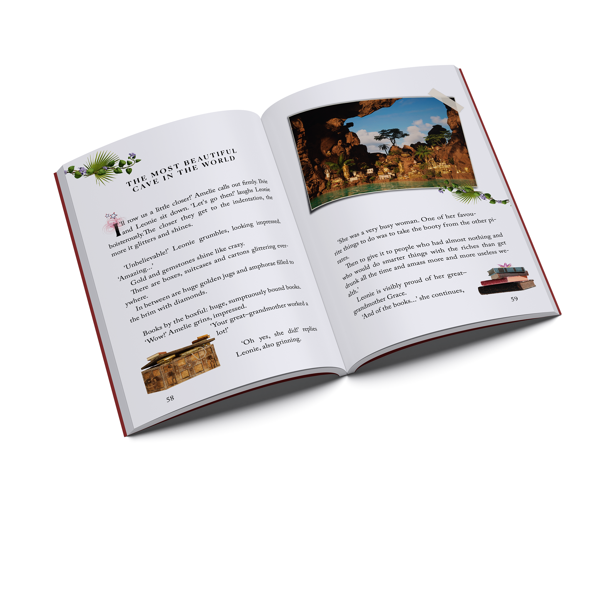 Inside pages of Ilvie Little and the Mysterious Treasure Island showing the crew exploring a treasure cave