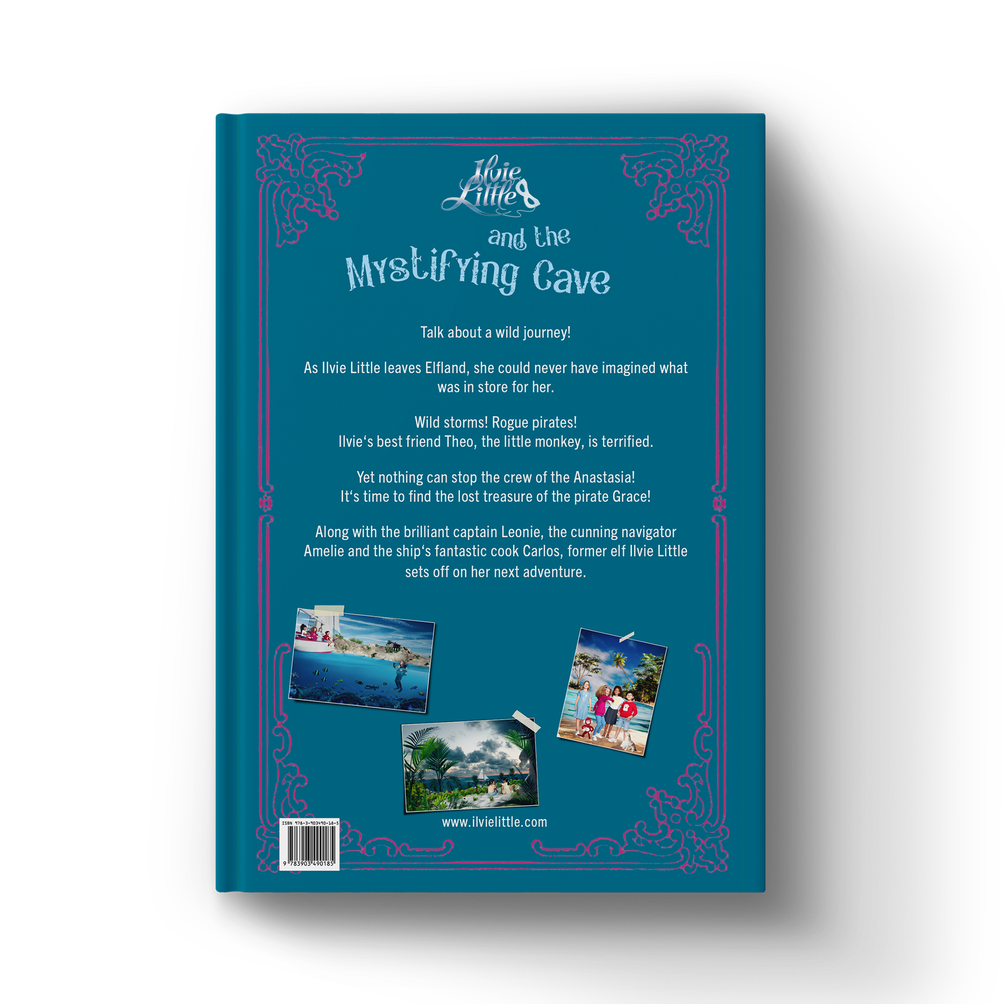 Back cover of Ilvie Little and the Mystifying Cave — Pirate Book 3, featuring the story blurb and images from Ilvie Little’s ocean adventure.
