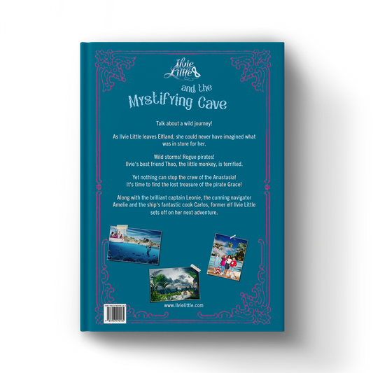 Back cover of Ilvie Little and the Mystifying Cave — Pirate Book 3, featuring the story blurb and images from Ilvie Little’s ocean adventure.