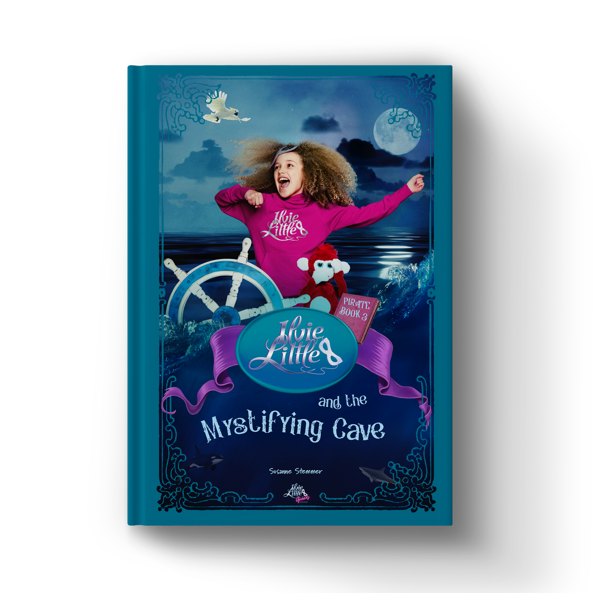 Front cover of Ilvie Little and the Mystifying Cave — Pirate Book 3, featuring Ilvie Little and Theo the monkey aboard a pirate ship at sea.