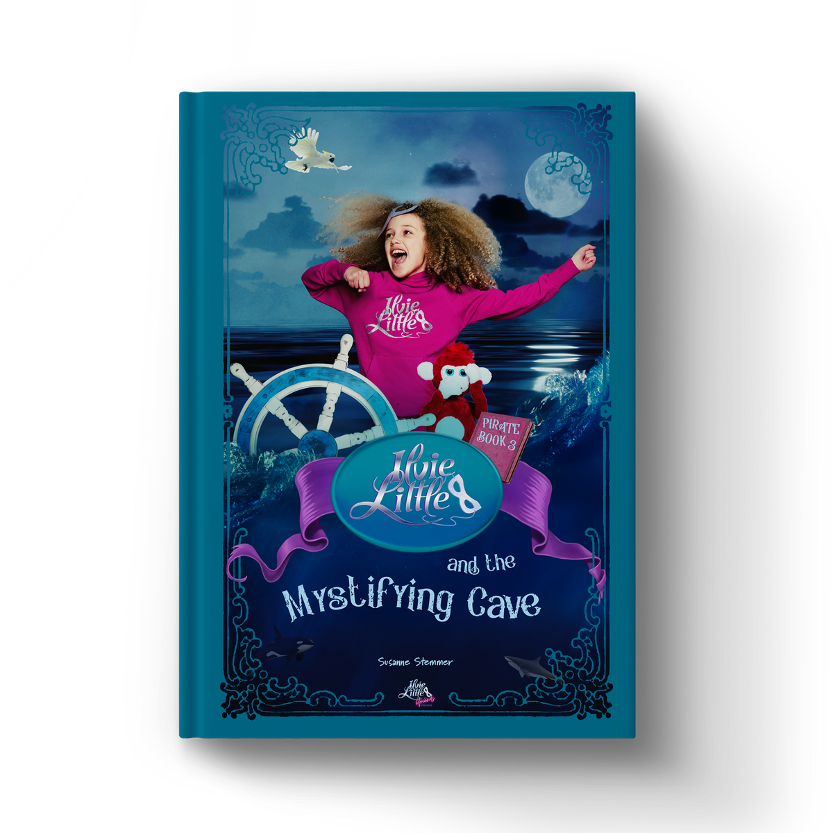 Front cover of Ilvie Little and the Mystifying Cave — Pirate Book 3, featuring Ilvie Little and Theo the monkey aboard a pirate ship at sea.