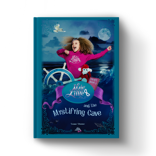 Front cover of Ilvie Little and the Mystifying Cave — Pirate Book 3, featuring Ilvie Little and Theo the monkey aboard a pirate ship at sea.