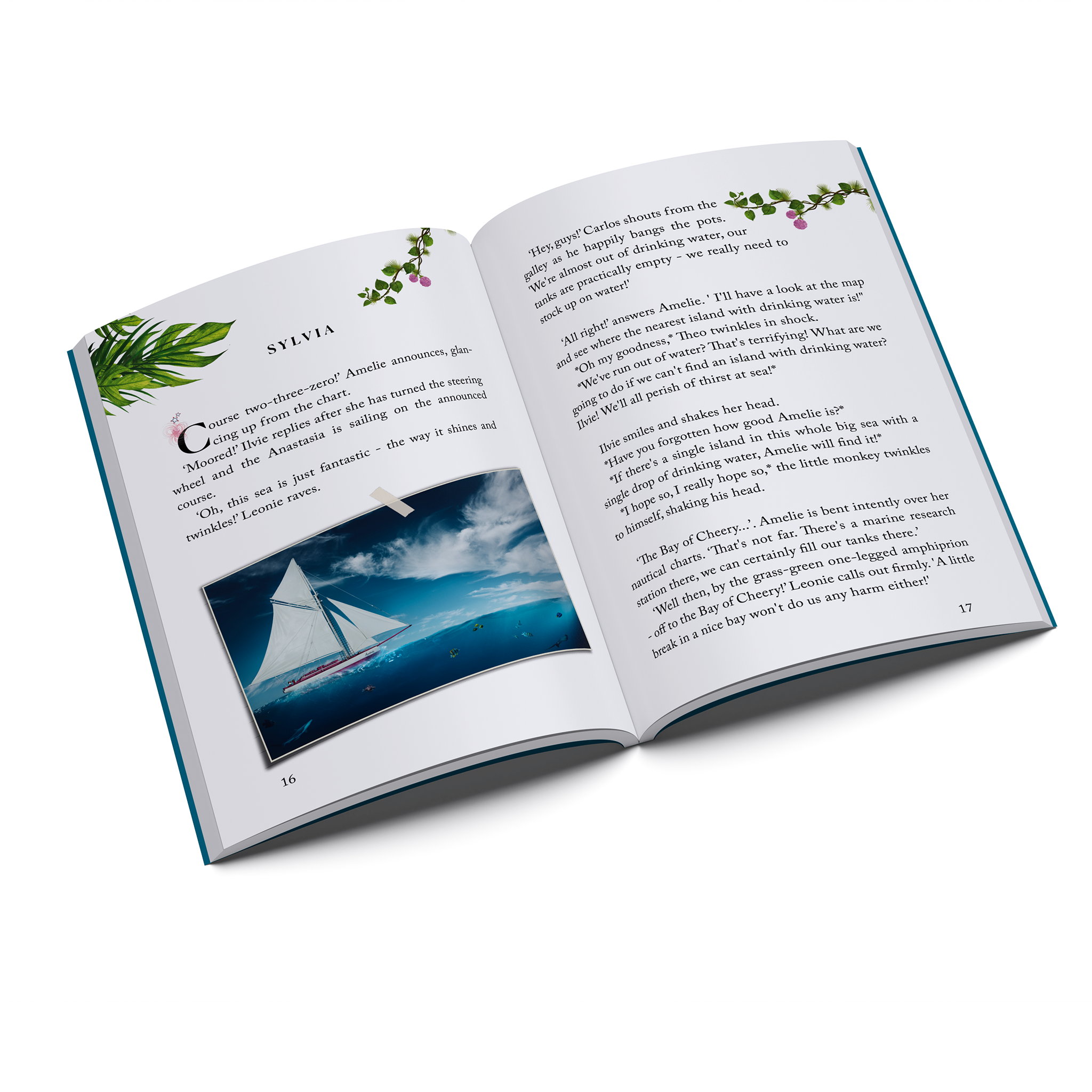 Inside pages of Ilvie Little and the Mystifying Cave — Pirate Book 3, featuring an illustrated sailing scene aboard the Anastasia.