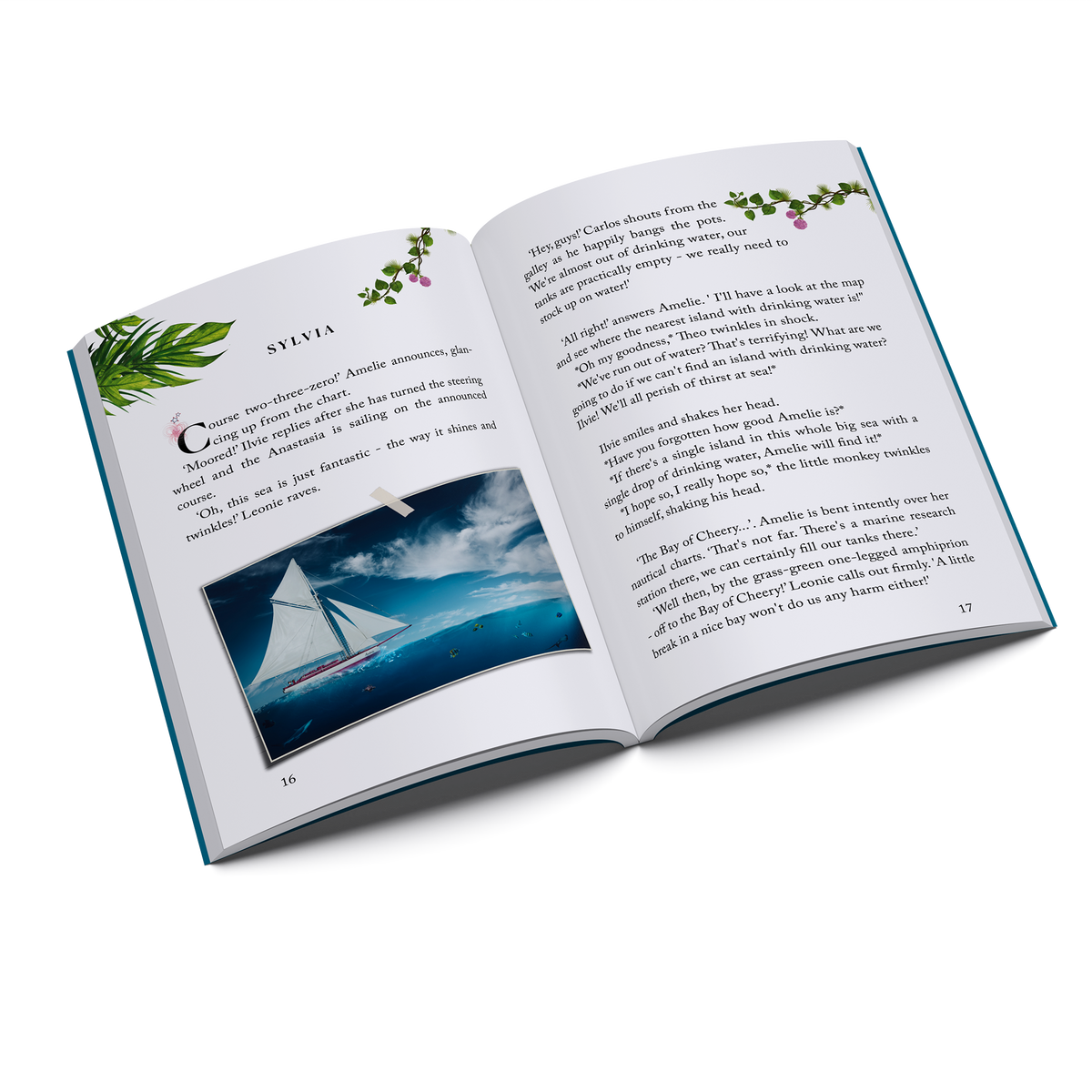 Inside pages of Ilvie Little and the Mystifying Cave — Pirate Book 3, featuring an illustrated sailing scene aboard the Anastasia.