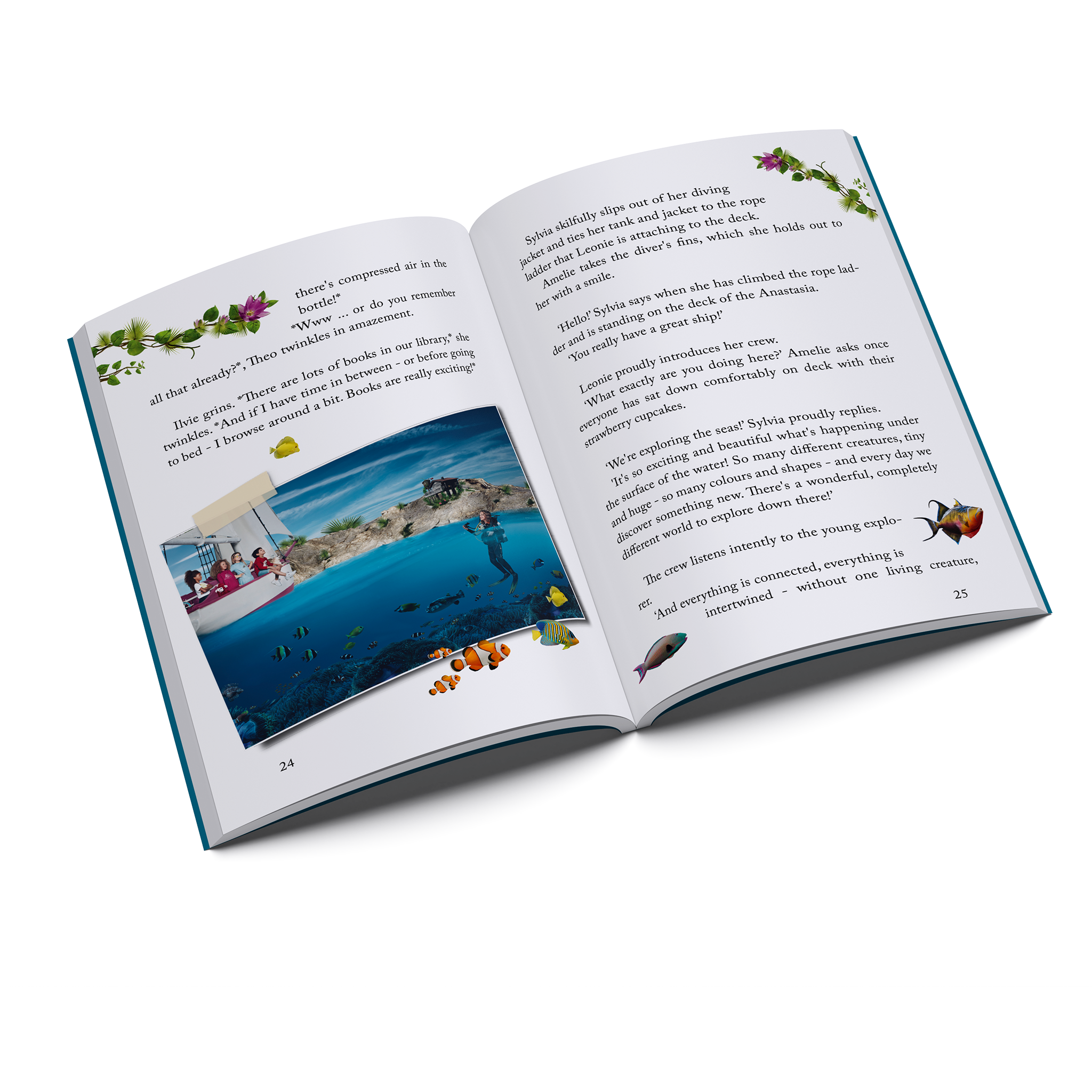 Inside pages of Ilvie Little and the Mystifying Cave — Pirate Book 3, featuring an underwater diving scene with colourful tropical fish.