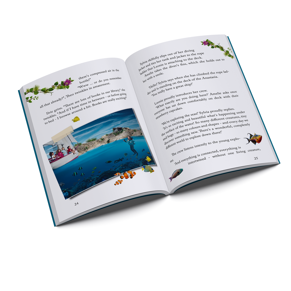 Inside pages of Ilvie Little and the Mystifying Cave — Pirate Book 3, featuring an underwater diving scene with colourful tropical fish.