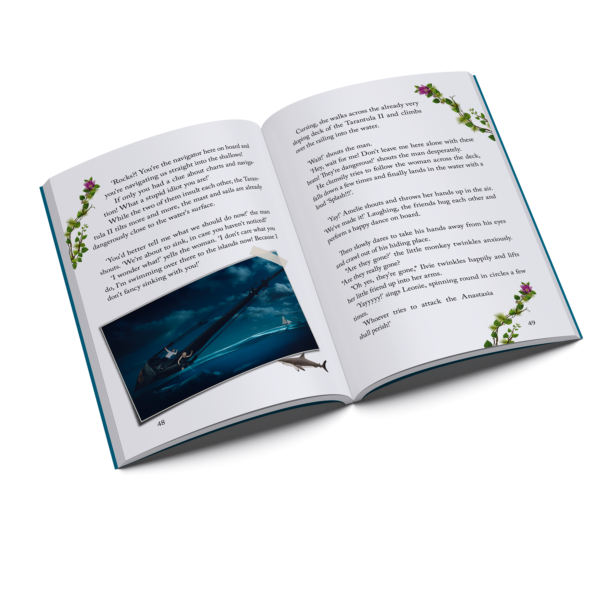 Inside pages of Ilvie Little and the Mystifying Cave — Pirate Book 3, featuring Ilvie Little and her friends gathered around a campfire by the sea.