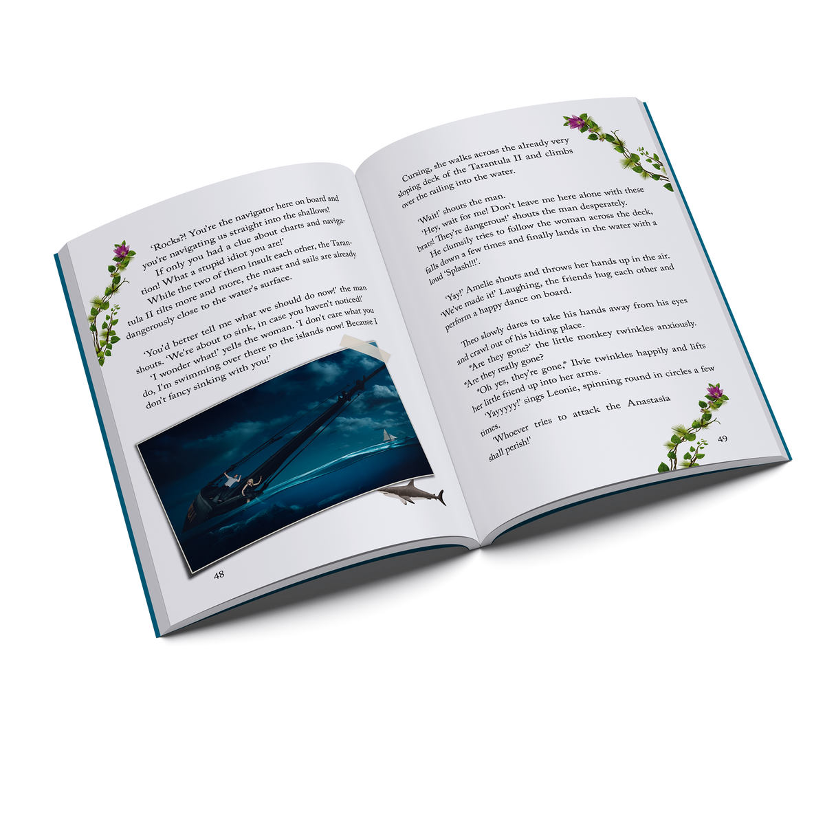 Inside pages of Ilvie Little and the Mystifying Cave — Pirate Book 3, featuring Ilvie Little and her friends gathered around a campfire by the sea.