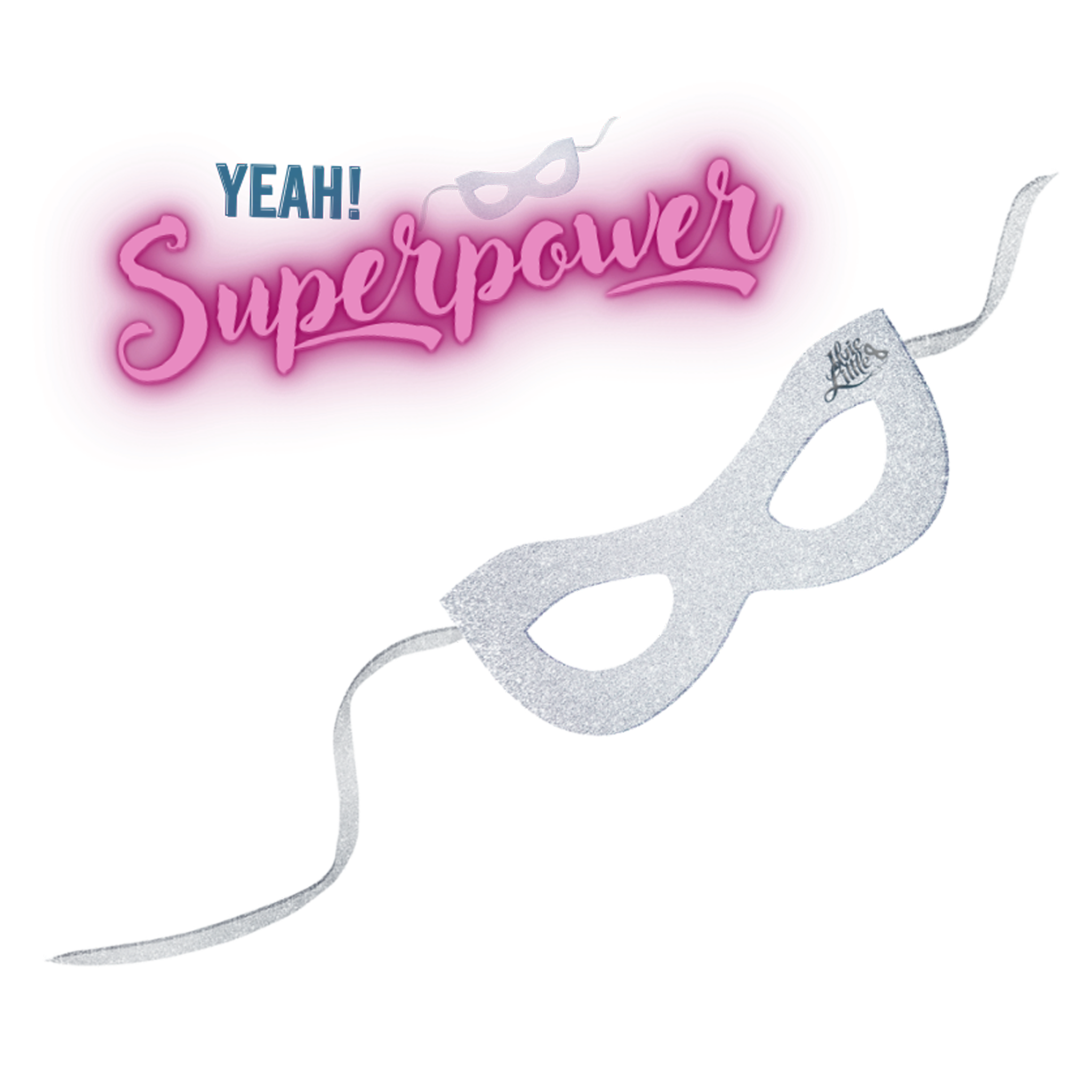 Silver Ilvie Little Superpower Mask for kids with glitter finish, white ties and Ilvie Little logo.
