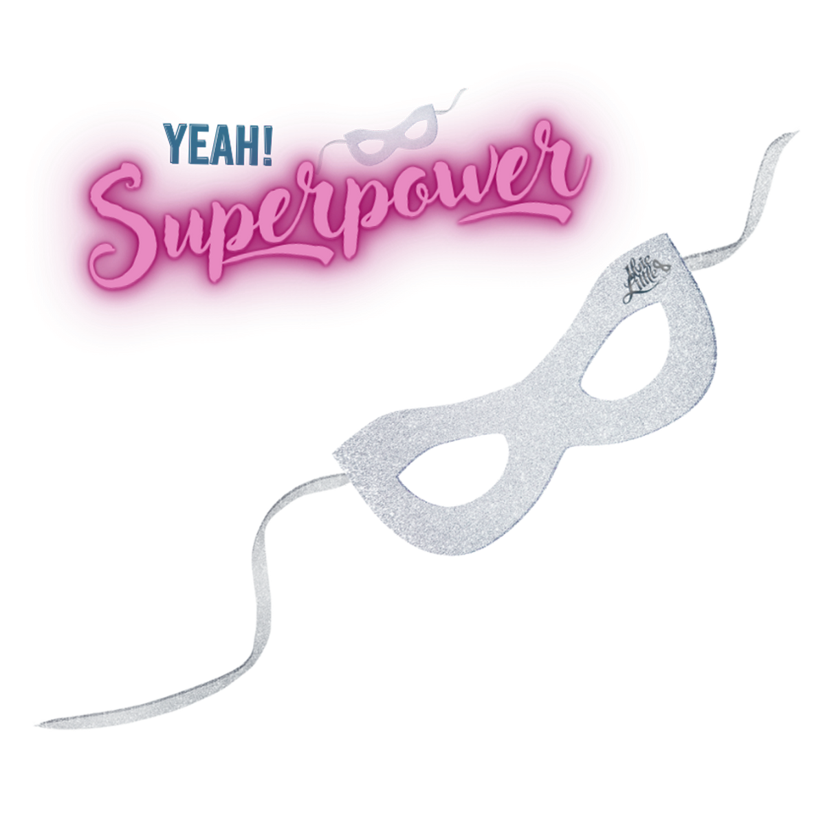 Silver Ilvie Little Superpower Mask for kids with glitter finish, white ties and Ilvie Little logo.