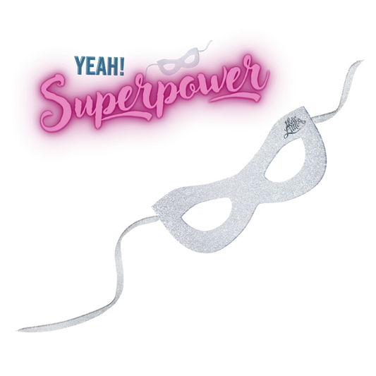 Silver Ilvie Little Superpower Mask for kids with glitter finish, white ties and Ilvie Little logo.