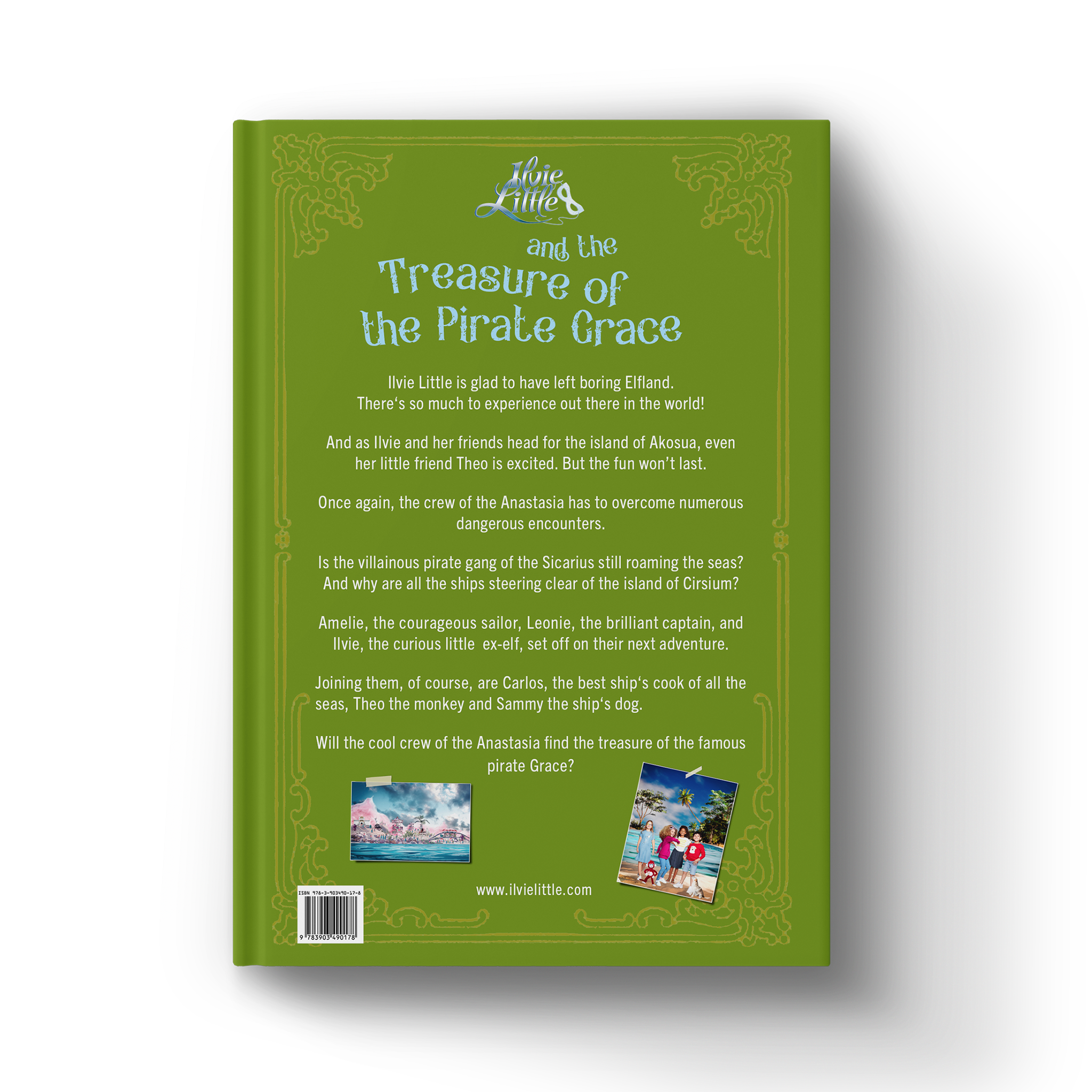 Back cover of Ilvie Little and the Treasure of the Pirate Grace — Pirate Book 2, featuring the story blurb and images from Ilvie Little’s second pirate adventure.