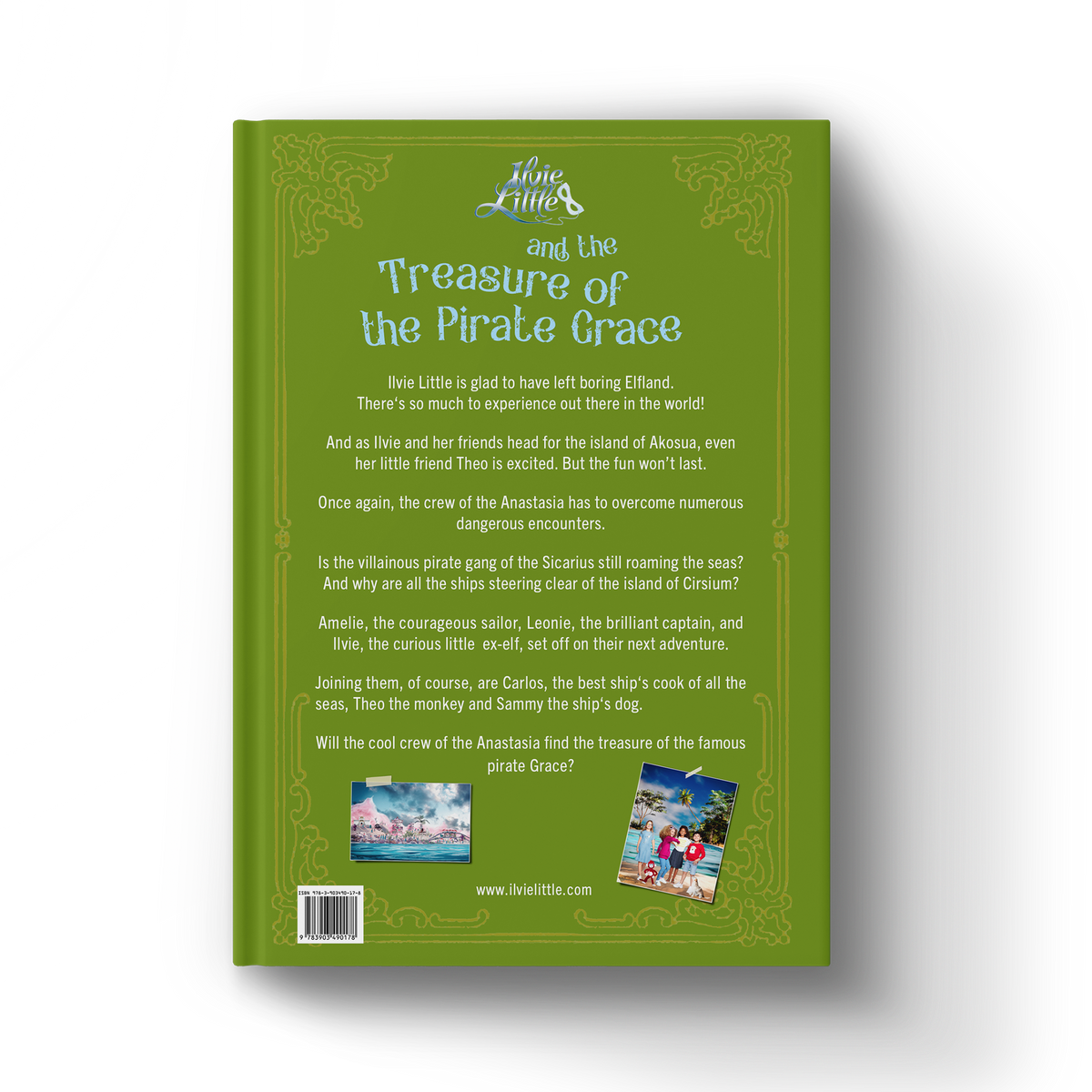 Back cover of Ilvie Little and the Treasure of the Pirate Grace — Pirate Book 2, featuring the story blurb and images from Ilvie Little’s second pirate adventure.