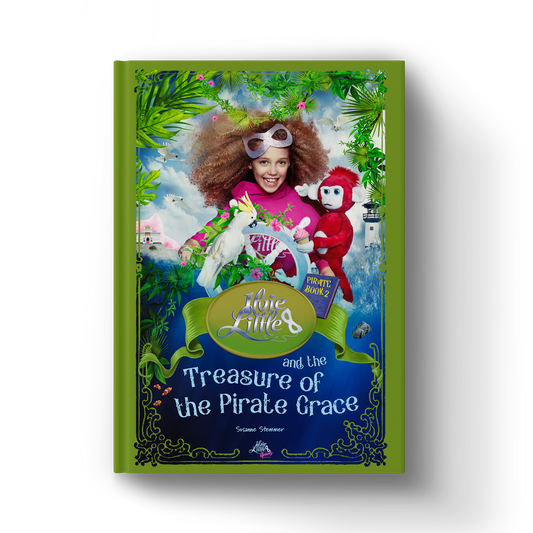 Front cover of Ilvie Little and the Treasure of the Pirate Grace — Pirate Book 2, featuring Ilvie Little with Theo the monkey in a colourful tropical adventure scene.