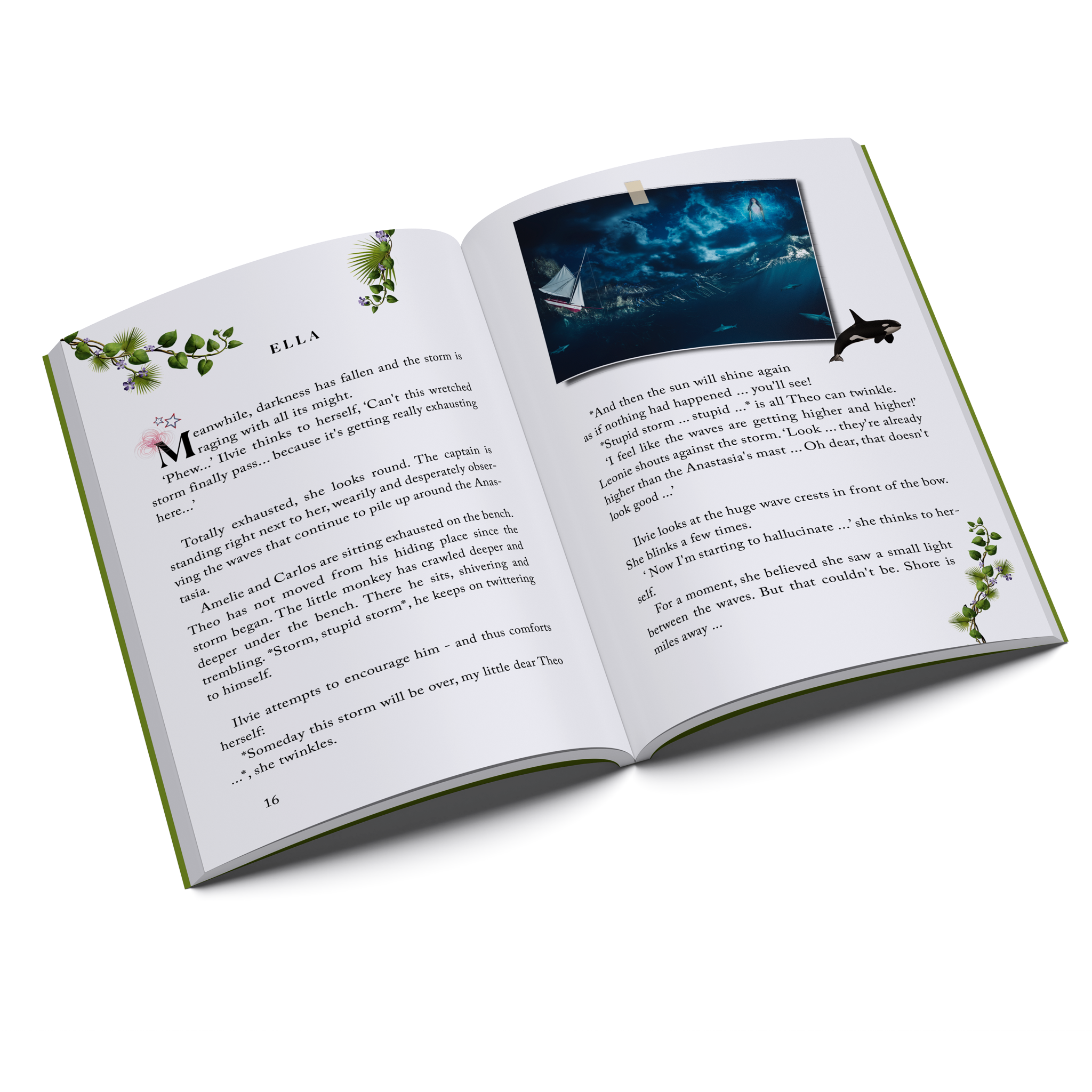 Inside pages of Ilvie Little and the Treasure of the Pirate Grace — Pirate Book 2, featuring an illustrated stormy sea scene with a sailing ship.