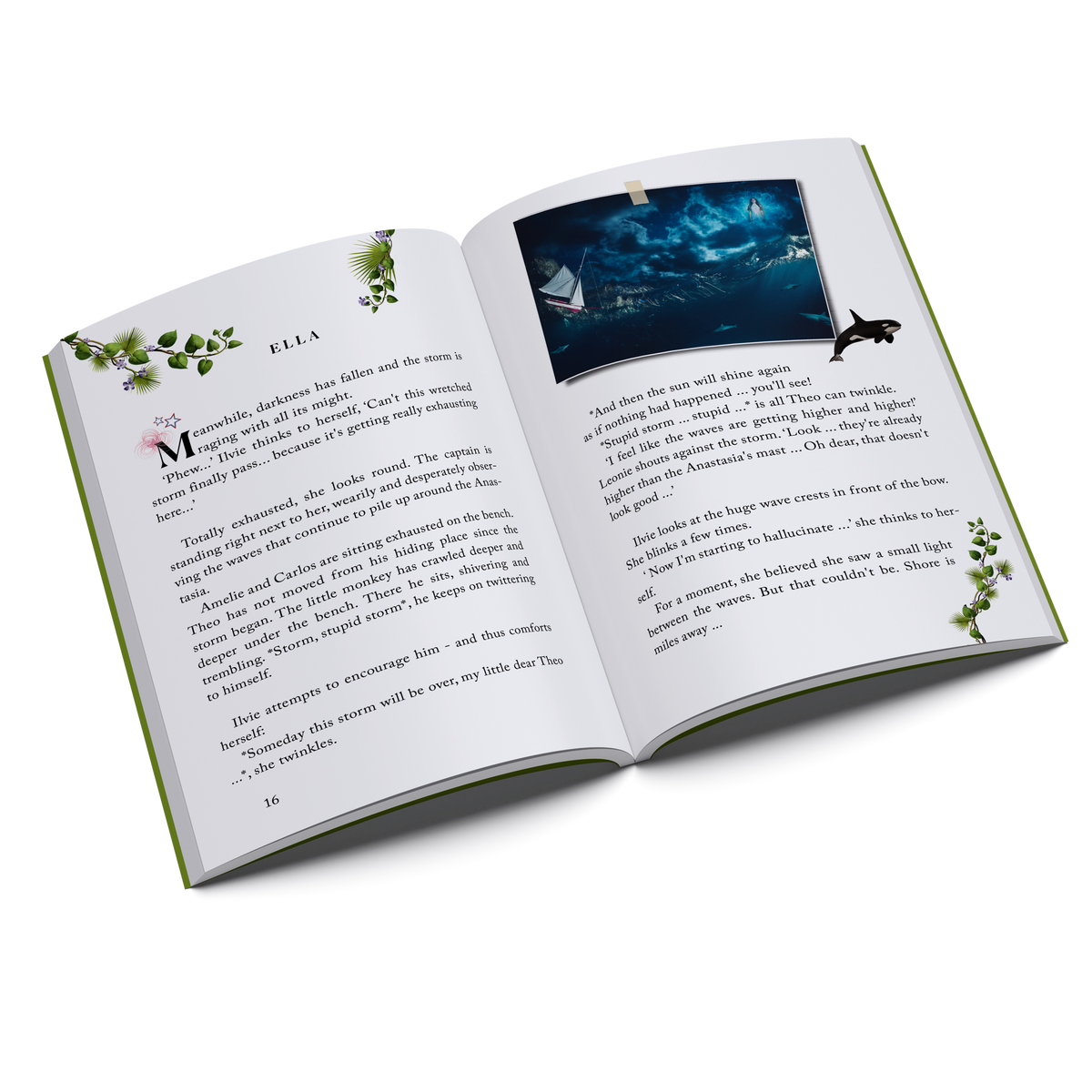 Inside pages of Ilvie Little and the Treasure of the Pirate Grace — Pirate Book 2, featuring an illustrated stormy sea scene with a sailing ship.