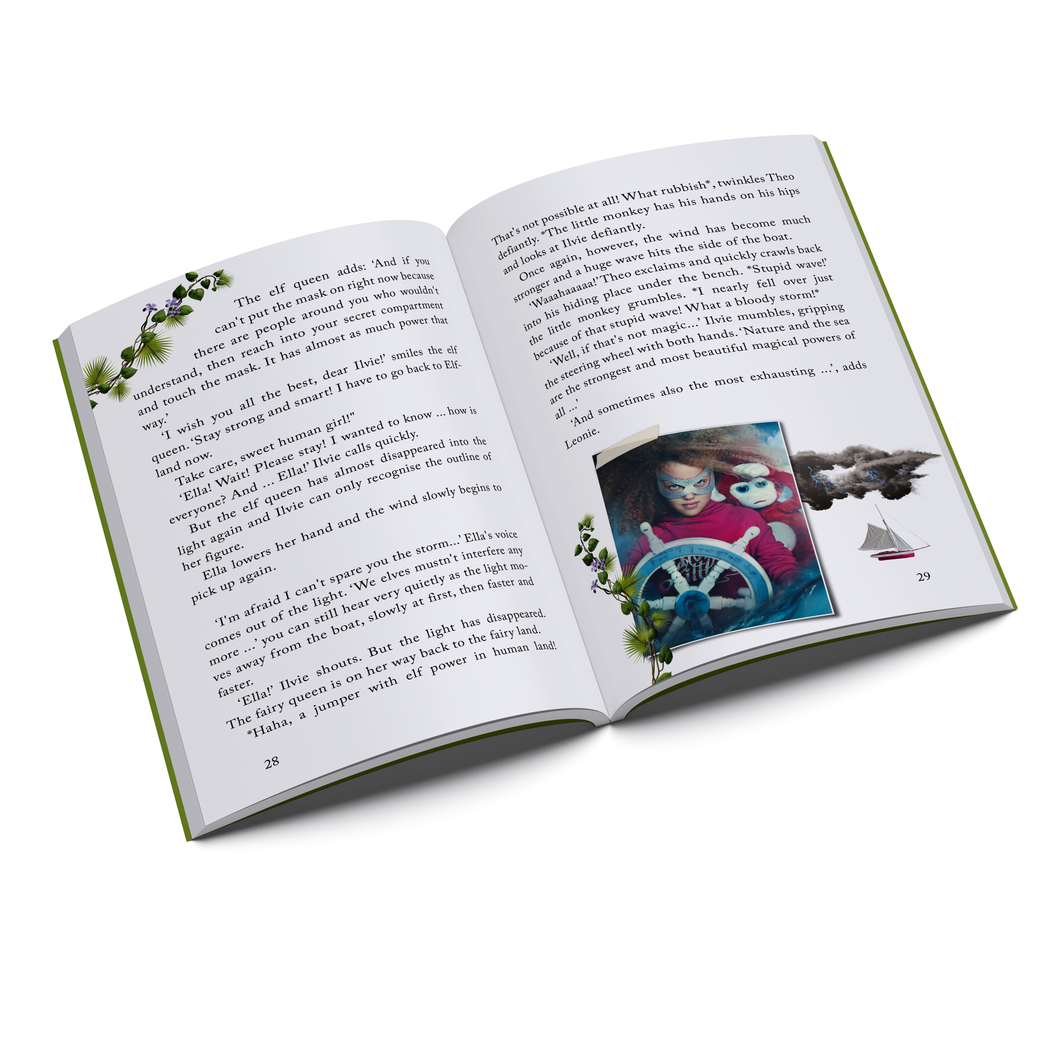 Inside pages of Ilvie Little and the Treasure of the Pirate Grace — Pirate Book 2, featuring Ilvie Little and Theo aboard the ship during their pirate adventure.