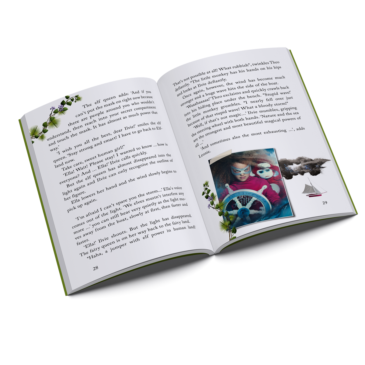 Inside pages of Ilvie Little and the Treasure of the Pirate Grace — Pirate Book 2, featuring Ilvie Little and Theo aboard the ship during their pirate adventure.