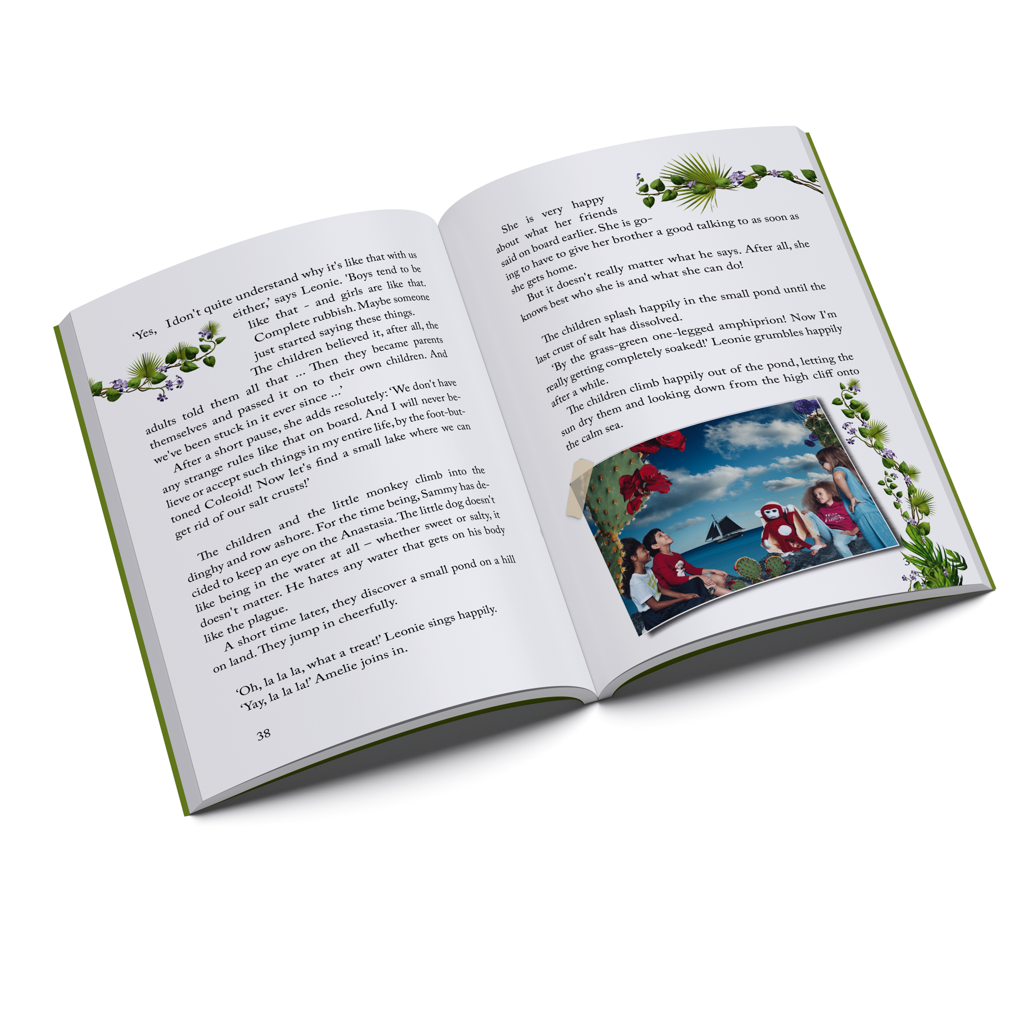 Inside pages of Ilvie Little and the Treasure of the Pirate Grace — Pirate Book 2, featuring Ilvie Little, Theo and friends together on their island adventure.