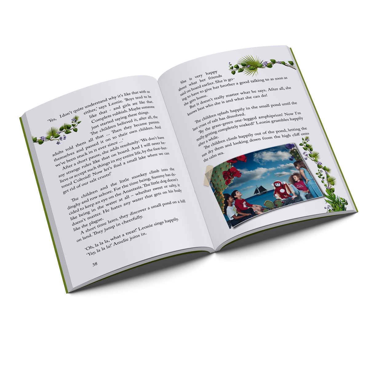 Inside pages of Ilvie Little and the Treasure of the Pirate Grace — Pirate Book 2, featuring Ilvie Little, Theo and friends together on their island adventure.