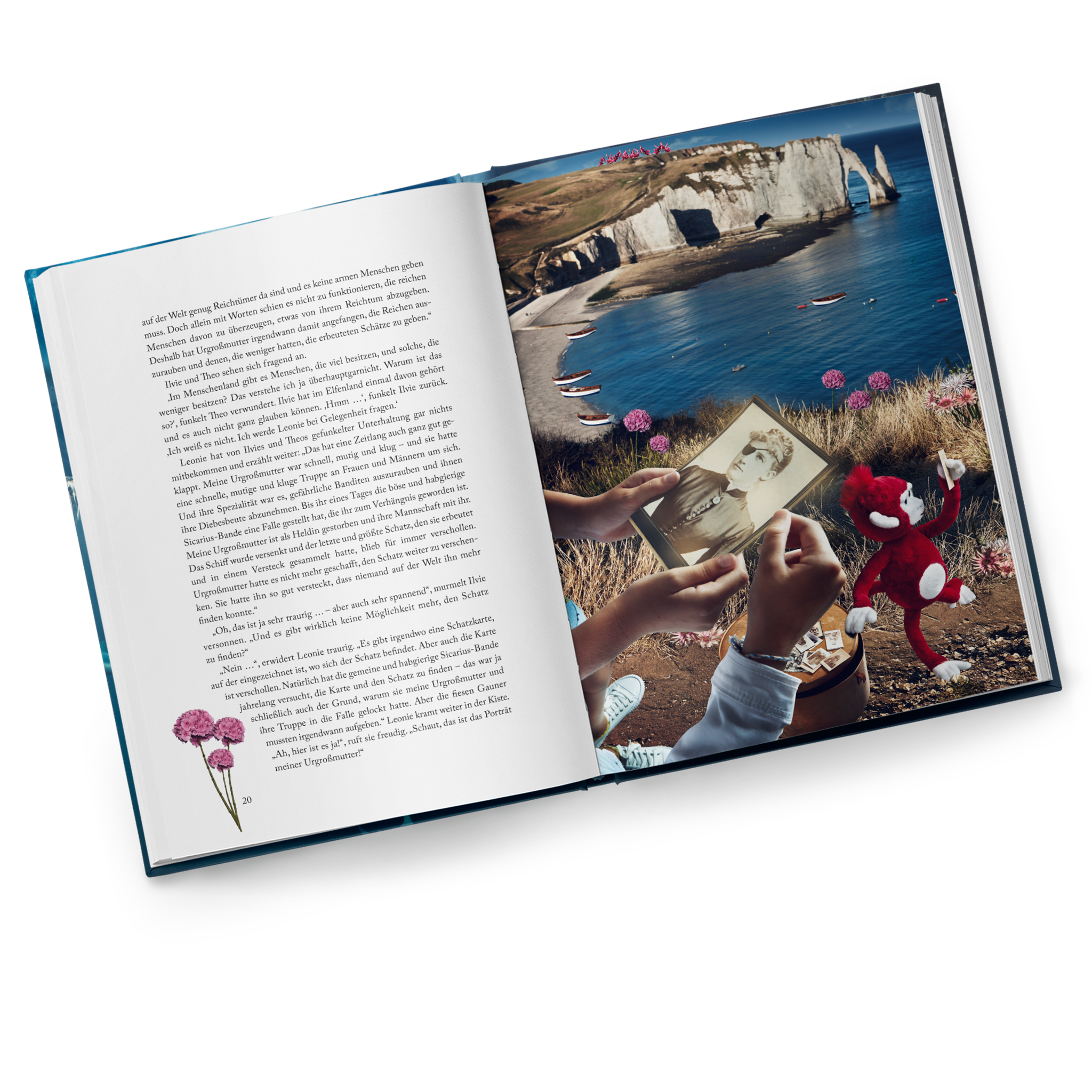 Inside spread from Ilvie Little und die unerschrockenen Seefahrerinnen — Special Edition 1, showing Ilvie, Theo and Leonie in a beautiful bay holding a photograph of the pirate captain Grace.