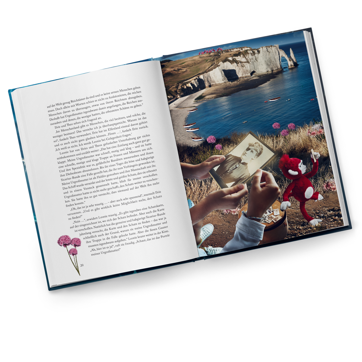Inside spread from Ilvie Little und die unerschrockenen Seefahrerinnen — Special Edition 1, showing Ilvie, Theo and Leonie in a beautiful bay holding a photograph of the pirate captain Grace.