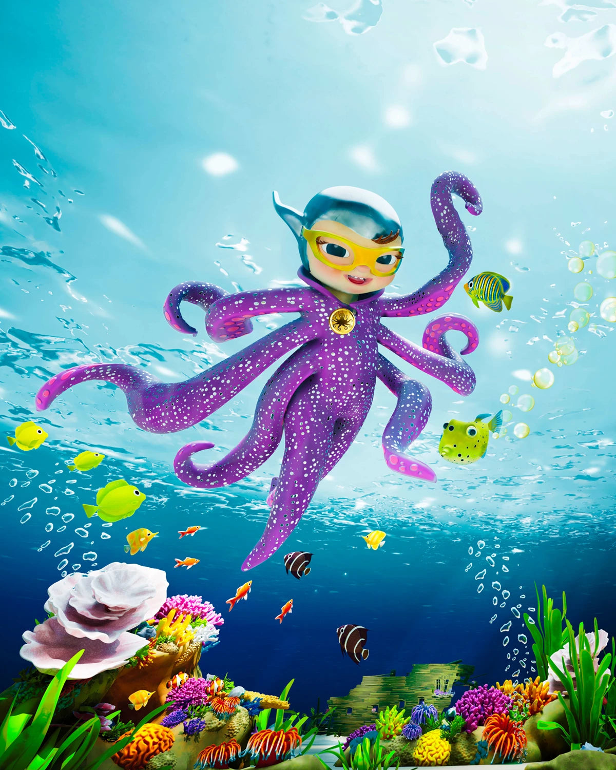 Luna Octopus exploring a colourful underwater world with tropical fish and coral – a courageous children’s character from Ilvie Little & Friends.