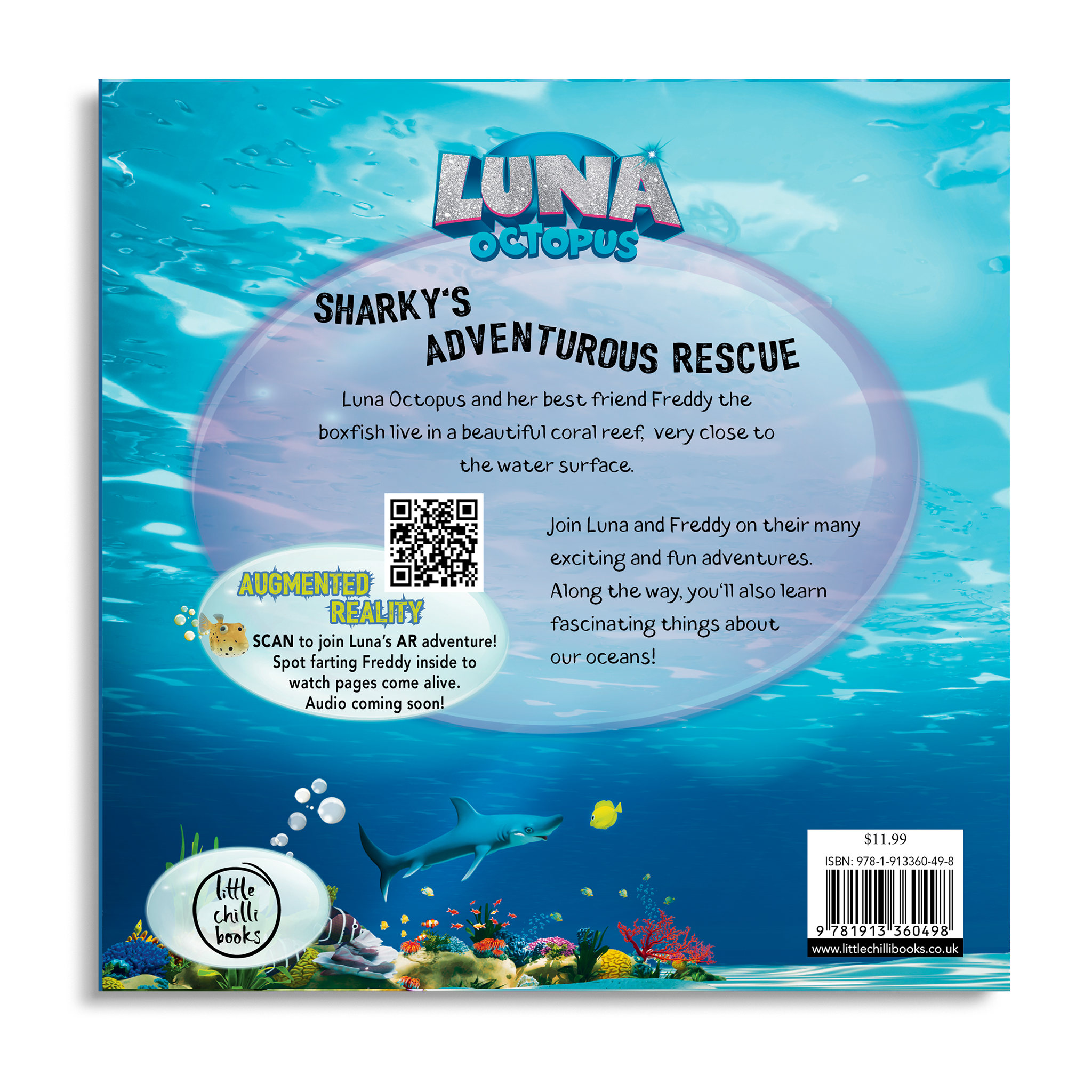Back cover of Luna Octopus – Sharky’s Adventurous Rescue, augmented reality ocean storybook for children ages 4–6