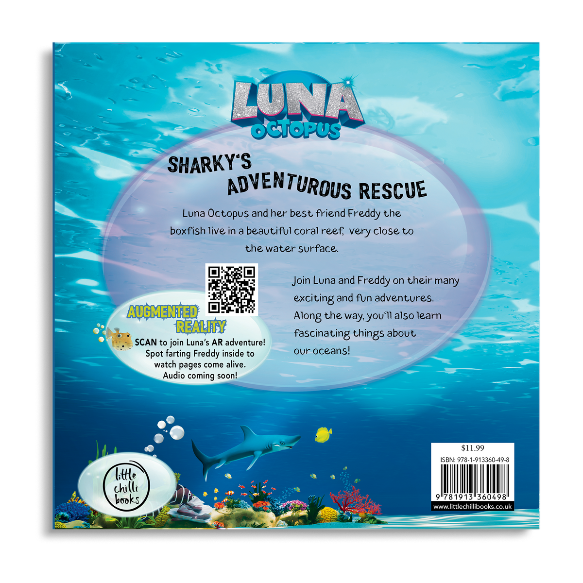 Back cover of Luna Octopus – Sharky’s Adventurous Rescue, augmented reality ocean storybook for children ages 4–6