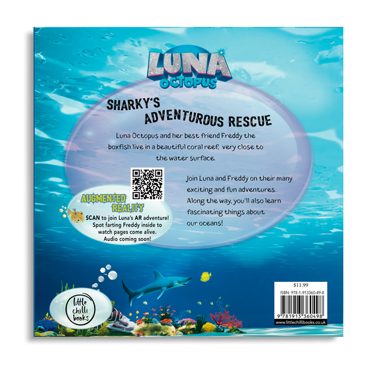 Back cover of Luna Octopus – Sharky’s Adventurous Rescue, augmented reality ocean storybook for children ages 4–6