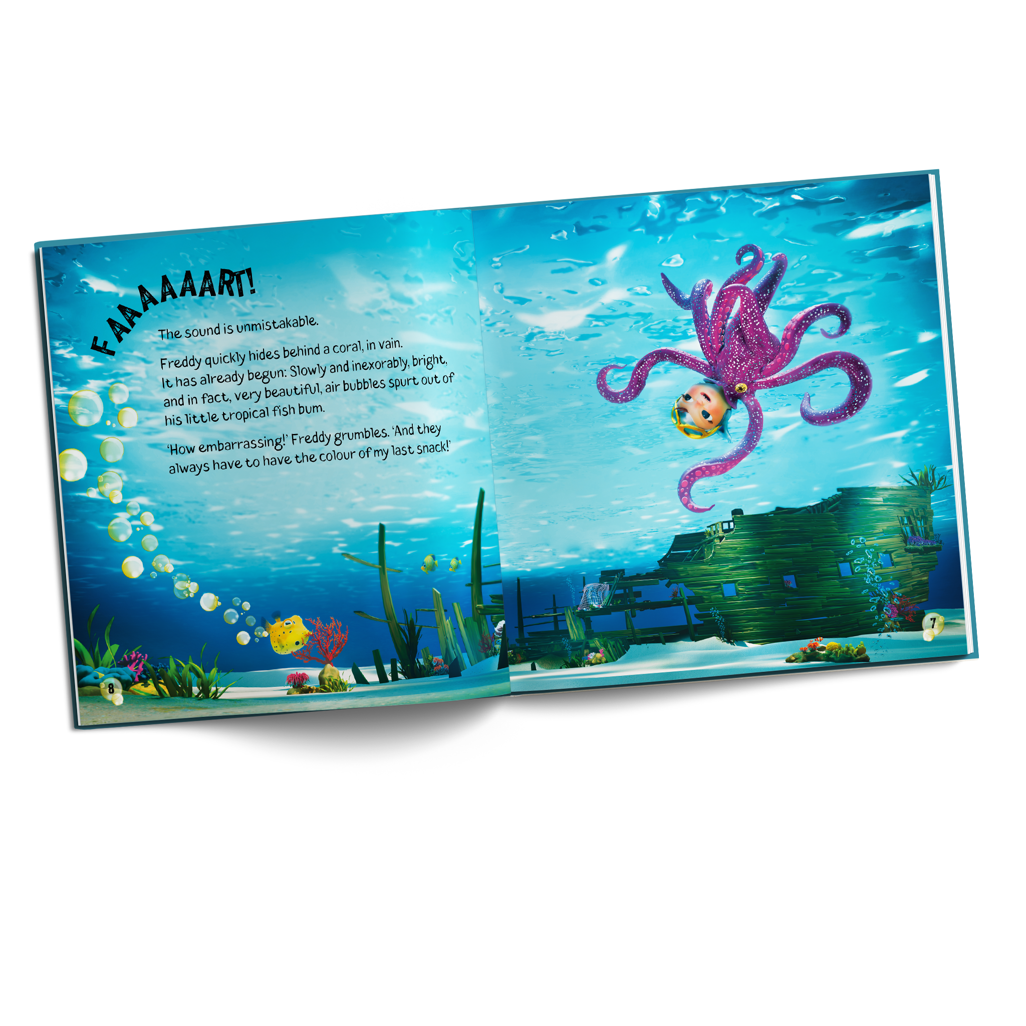 Interior spread from Luna Octopus – Sharky’s Adventurous Rescue showing Freddy the Boxfish enjoying his favourite pastime: farting