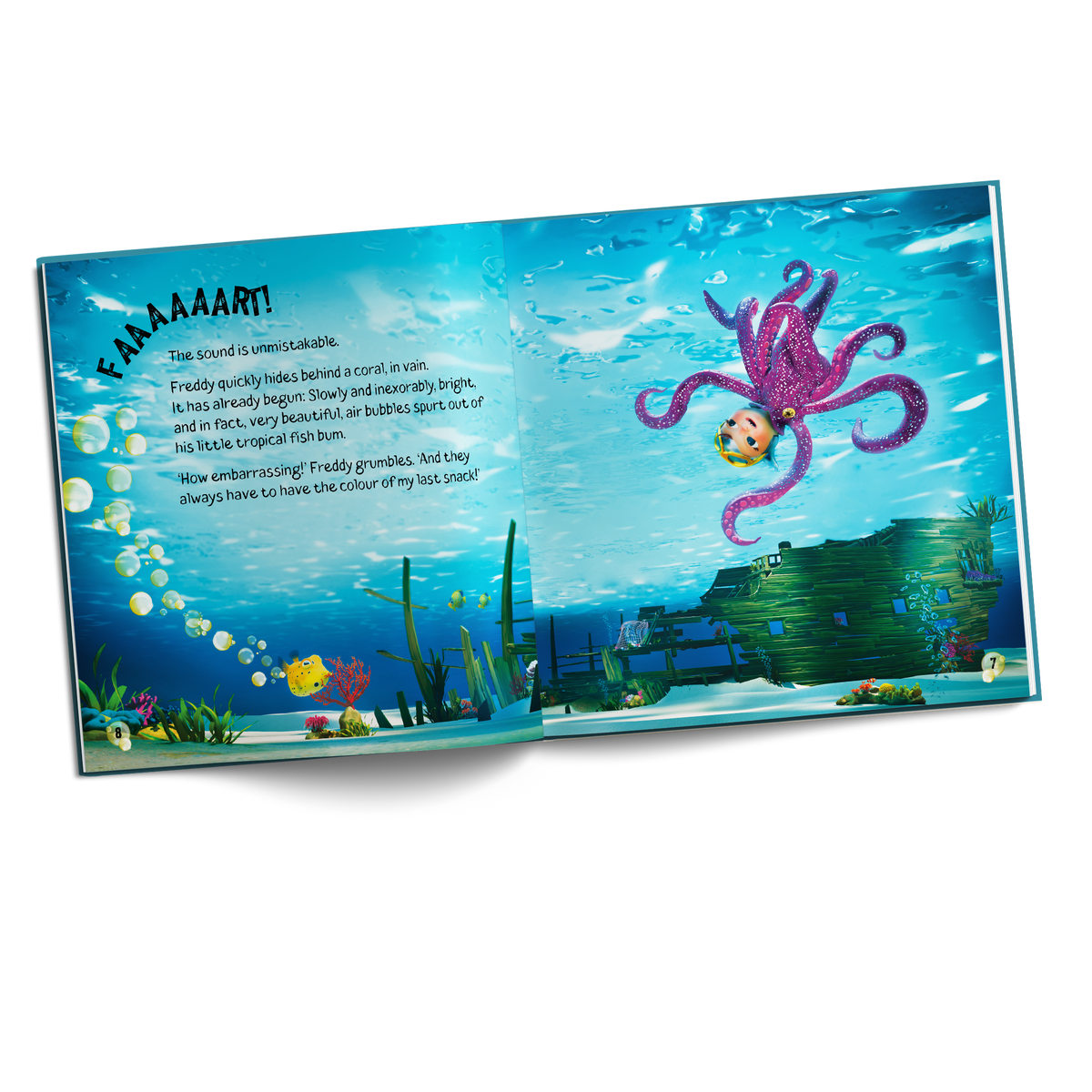 Interior spread from Luna Octopus – Sharky’s Adventurous Rescue showing Freddy the Boxfish enjoying his favourite pastime: farting